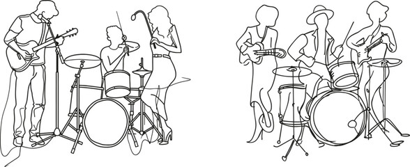 Wall Mural - The simplicity contour linear style of this drawing shows a people group band composed of a singer, guitarist, and drummer. This is a contemporary illustration of a music festival concert. The