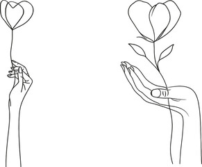 Poster - Isolated on white background, the small hand holds a flower symbolizing love and romance. Hand holding flower with heart symbol. Love and romance one line drawing.