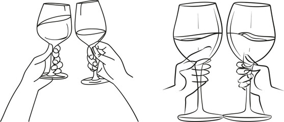 Canvas Print - A continuous one-line drawing isolated on a white background. An outline contour sketch of champagne glasses.