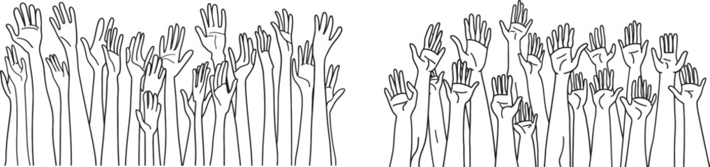 Poster - Group continuous one line modern drawing silhouette hand drawn characters. Hands up modern illustration one line art. Hands up illustration.