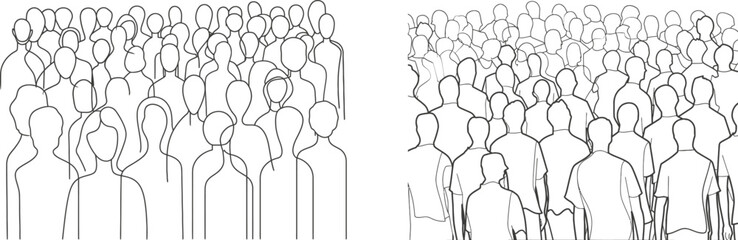 Leinwandbilder - Drawing of a group of people waiting in a queue. Family and friends hand drawn characters. Women and men at a concert or meeting. Women and men waiting in line. Minimalistic contour illustration.