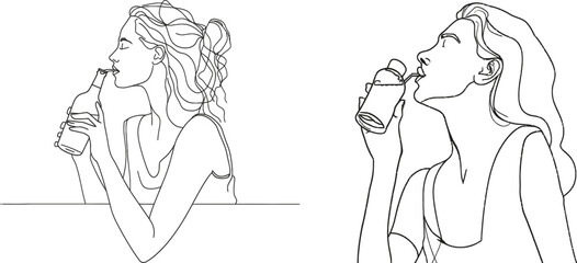Poster - The continuous one-line drawing depicts a modern female drinking water after sport exercise from a bottle. The minimalist design is hand-drawn on a white background.