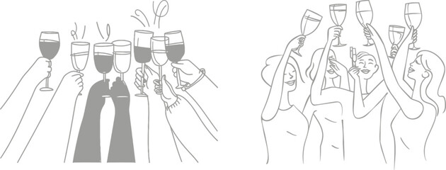 Poster - A continuous one line drawing of a group of friends enjoying a party. Two men and a woman in part of a celebration for the holidays.