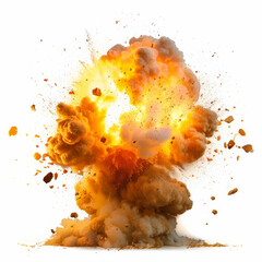 A massive explosion with bright yellow fireball and debris flying in all directions, isolated on white background