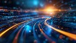 © Maria Mikhaylichenko - Dynamic streams of blue and orange light converge in a futuristic digital landscape, symbolizing high-speed data transfer and technological advancement.