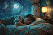 © Kitta - A man sleeping in bed, he is dreaming of the moon and stars