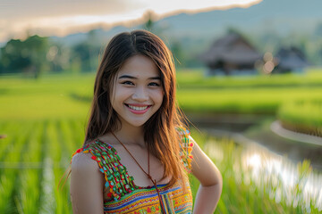 Wall Mural - a girl in a colorful shirt is smiling in a field.