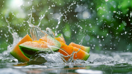 Poster - Fresh orange melon slices splash into water with droplets against a blurred green background, creating a vivid image of summer refreshment.