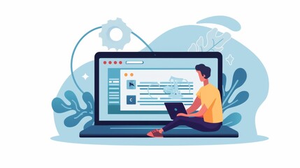 a man is using his laptop to download software. he's waiting for the data to load from the website. 