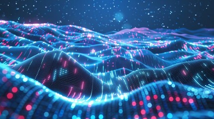 Poster - Dynamic 3D Abstract Landscape with Futuristic Data-Flowing Elements Representing Modern Technology and Digital Innovation Concepts