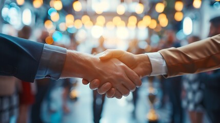 A handshake between a team leader and a member at a corporate award ceremony, with trophies, a decorated stage, and colleagues applauding in the background, emphasizing recognition and celebration.