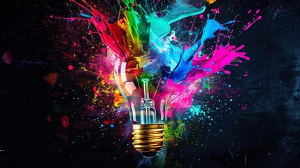 Poster - Creative Light Bulb Exploding with Colorful Paint Splashes on a Black Background - Inspiring Concept for Thinking Differently and Innovative Ideas
