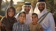 © VK Studio - A joyful family poses in traditional attire, exuding warmth and togetherness in a serene outdoor setting with palm trees.