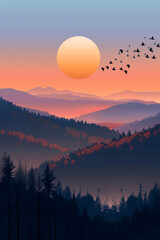 Digital illustration of a sunset over a mountain landscape with flying birds.