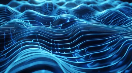 Poster - Futuristic Technological Background with Flowing Wave Patterns - Abstract 3D Data Flow Chart Illustration Highlighting Advanced Digital Concepts