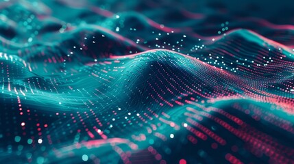 Poster - Futuristic Technological Background with Flowing Wave Patterns - Abstract 3D Data Flow Chart Illustration Highlighting Advanced Digital Concepts
