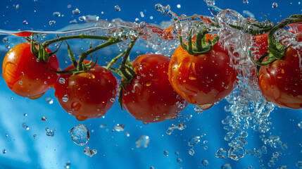 Wall Mural - Vivid tomatoes suspended underwater, surrounded by sparkling bubbles, creating a dynamic and refreshing visual effect.