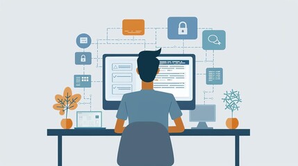 Optimized security processes, flat design, front view, network theme, cartoon drawing, colored pastel