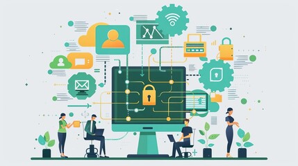 Optimized security processes, flat design, front view, network theme, cartoon drawing, colored pastel