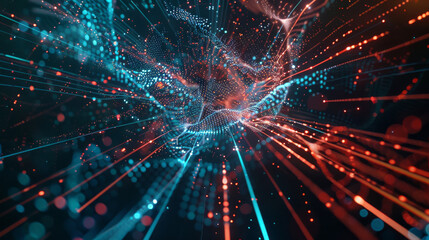 Wall Mural - A mesmerizing digital network of blue and red particles against a dark background visualizes the dynamic and interconnected nature of modern technology and data flow.