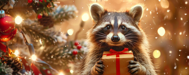 A cheerful raccoon holding a Christmas gift box, with a backdrop of twinkling holiday lights and festive decorations.