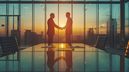 Sticker - A professional handshake between two business executives in a modern office, with a contract and pen on the table between them, symbolizing the sealing of a deal.