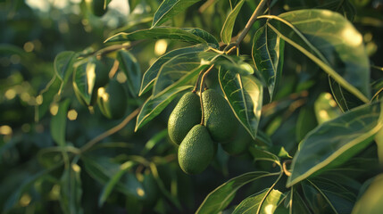 Poster - Lush avocado tree branches laden with ripe green avocados, basking in gentle sunlight, symbolizing abundance and growth.