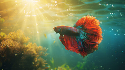 A striking Betta fish with brilliant red and blue fins glides beneath sunlit waters amidst vibrant aquatic plants.