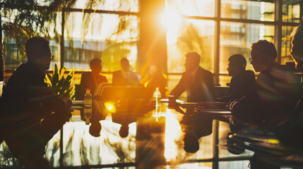 Wall Mural - Group of business people silhouettes in modern office building and business network concept. Human resources