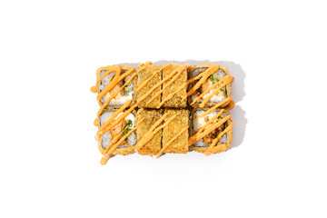 Sticker - Hot Tempura Roll with Salmon and Spicy Sauce on White Background