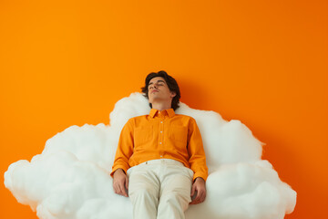Wall Mural - a painter resting on a cloud bed isolated on a vibrant orange gradient background