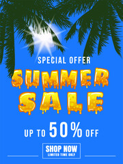 Wall Mural - Summer Sale poster template. Palms, sun, sky, tropical ocean summer scene