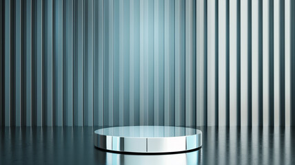 Canvas Print - 3D podium on a chrome background sleek and shiny with mirror like reflections and cool tones 