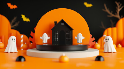 Sticker - 3D podium on a gradient background with Halloween trick or treat theme featuring candy ghost decorations and a haunted house orange to black gradient 