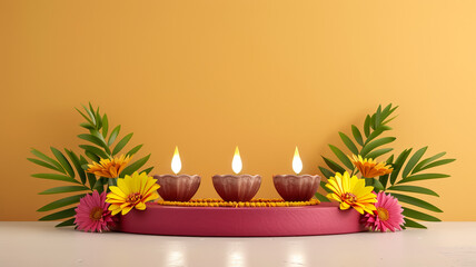 Sticker - 3D podium with Diwali theme decorated with diyas rangoli patterns and marigold flowers gold and maroon colors 