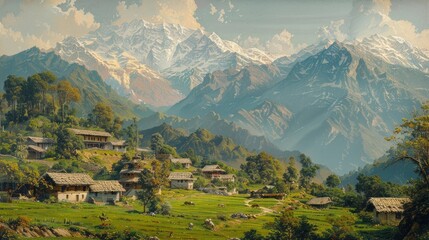 The serene landscape of an Indian mountain village, with terraced fields, traditional houses, and the majestic backdrop of snow-capped peaks