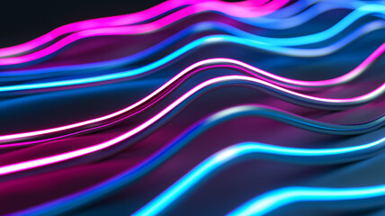 Poster - Abstract neon lines forming waves on a dark background cyan and magenta spotlights accentuating the curves 