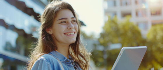 A joyful woman stands outdoors, holding a laptop, with a bright smile on her face and the sun shining warmly in the background.