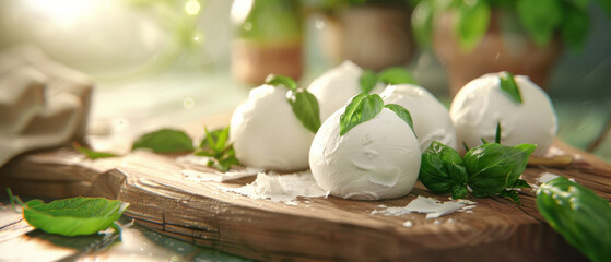 Wall Mural - Fresh mozzarella balls topped with basil leaves rest on a wooden board, surrounded by a sunlit, rustic kitchen setting