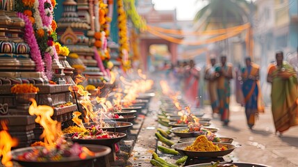 The vibrant celebration of Pongal, with traditional cooking, colorful decorations, and the festive atmosphere of this famous South Indian harvest festival