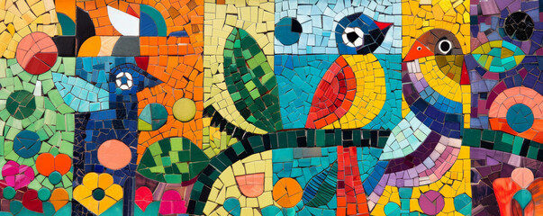 Colorful mosaic featuring animal shapes and vibrant colors, creating a lively and playful design.