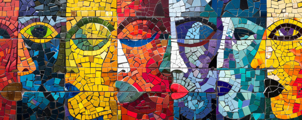 Colorful mosaic featuring abstract faces and figures in a vibrant color palette, forming a modern and artistic design.