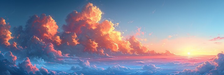 Wall Mural - Beautiful cumulus clouds, panoramic image of the sky and the sun, banner