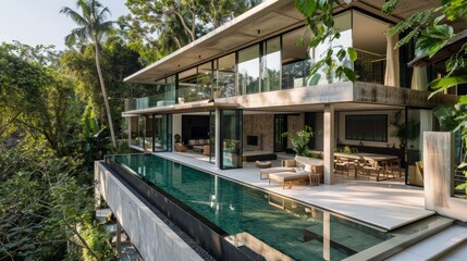 A modern tropical villa with an integrated swimming pool and sleek design provides a peaceful haven.