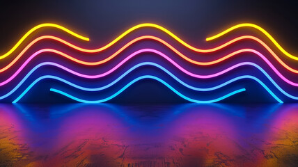 Wall Mural - Dark background with neon lines forming a wave pattern yellow and blue spotlights highlighting the peaks and troughs 