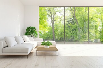 Wall Mural - Modern Living Room with Panoramic Window Overlooking Green Forest