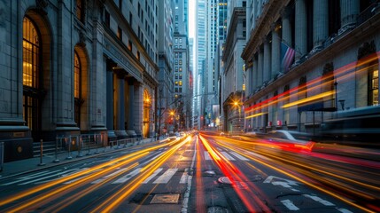 Naklejka na meble A long-exposure shot of a financial district street at night with light trails from passing cars, symbolizing the 24/7 nature of the stock market.