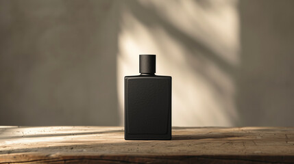 Wall Mural - mock up of a square black perfume bottle, on a minimalist beige wooden table, Ai generated Images