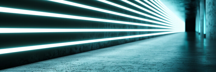 Poster - Wide angle shot of a cement wall with neon blue light streaks dark background modern urban feel 