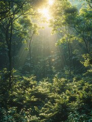 Wall Mural - A hyper realistic photo,Product photography,Breathtaking primary forest in Xishuangbanna,mountain,lakes,summer,Full of sunshine,natural light,best quality,ultrawide shot, Horizontal composition,HD,8K 